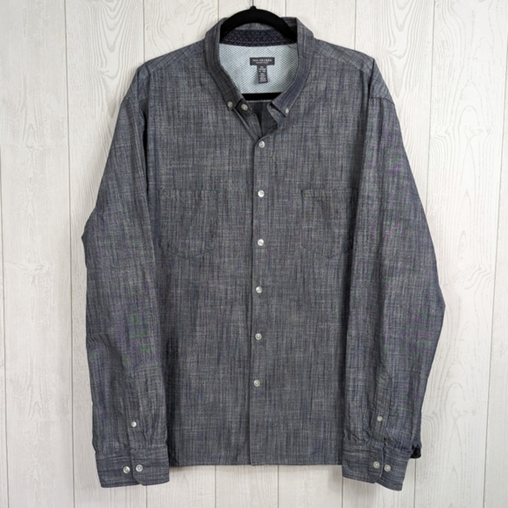 Van Heusen Never Tuck Men's Size XXL Button Down Shirt, Grey/Blue